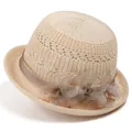 Detail of elegant beige knitted sun hat with mesh flower decoration and rhinestone - M (56-58cm) / Beige