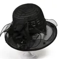 Elegant black organza sun hat with oversized mesh flower and pearl details for women - M(56-58cm) / Black