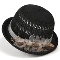 Detail of black woven sun hat with elegant grey ribbon and delicate mesh floral accents - M (56-58cm) / Black