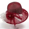 Detail of wine red organza hat with handmade silk flowers and white pearls - M(56-58cm) / Burgundy