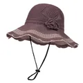 Detailed close-up of hollow knit texture and 3D floral accent on dark purple sun hat - M (56-58cm) / Taro