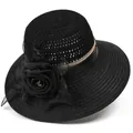 Detail of elegant black organza sun hat with a large chiffon flower and pearl beads - M (56-58cm) / Black