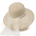 Elegant straw sun hat with lace embroidery, pearls, and a large organza bow for women - Medium Size / Beige