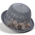 Close-up of elegant grey knit sun hat with floral mesh details and sparkling rhinestones - M (56-58cm) / Gray