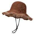 Detail of dark brown knit sun hat featuring a 3D flower and wavy scalloped brim texture - M (56-58cm) / Caramel color