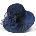 Detail of elegant navy organza sun hat featuring breathable mesh top and large 3D flower deco - M (56-58cm) / Navy Blue