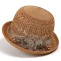 Detailed shot of the mesh weave sun hat with satin ribbon and crystal floral decoration - M (56-58cm) / Caramel color
