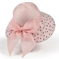 Close-up of pink sun hat featuring sheer mesh brim with black hearts and organza bow - M / Pink