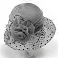 Silver grey organza church hat featuring large flower detail and black heart pattern mesh - M / Gray