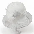 Close-up of elegant white organza sun hat with mesh sequins and floral decoration - M / White