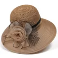 Detailed view of breathable organza sun hat with elegant floral fabric decoration - M (56-58cm) / Khaki