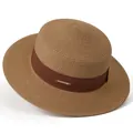 Women's dark brown straw sun hat with flat top and elegant coffee ribbon band - M / Khaki With Khaki Ribbon