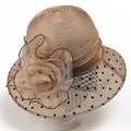 Detail of organza flower and black heart polka dot mesh on champagne sun hat - M / Khaki