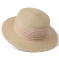 Minimalist summer straw sun hat with wide flat brim and elegant pink chiffon ribbon trim - M (56-58cm) / Beige With Beige Ribbon