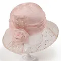 Close-up of pink organza sun hat featuring 3D mesh flowers and shimmering sequins detail - M / Pink