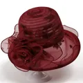 Close-up of burgundy organza sun hat with large 3D flower and floral embroidery details - M(56-58cm) / Burgundy