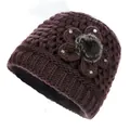 Detailed close-up of dark purple knit hat featuring 3D flower and rhinestone accents - One Size (Circumference 56-60) / Style A Coffee Fleece Lined
