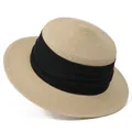 Close-up of woven straw sun hat featuring a pleated black fabric ribbon accent - M (56-58cm) / Beige with Black Ribbon
