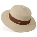Macro detail of natural straw sun hat featuring brown ribbon and gold logo plaque - M / Beige With Khaki Ribbon