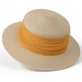 Detail of beige straw sun hat featuring a vibrant yellow pleated fabric decorative band - M (56-58cm) / Beige with Orange Ribbon