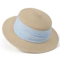 Close-up of woven straw hat featuring a wide light blue pleated ribbon decoration - M (56-58cm) / Beige with Blue Ribbon