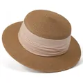 Détail d'un chapeau de paille marron avec tissage fin et ruban élégant en mousseline rose - M (56-58cm) / Kaki avec ruban beige