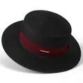 Detail of a black boater hat featuring a burgundy ribbon and gold logo metal plaque - M (56-58cm) / Black (With Wine Red Ribbon)