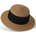 Détail du chapeau de paille à sommet plat avec ruban plissé noir pour femmes - M (56-58cm) / Kaki avec ruban noir