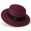 Detail of burgundy boater straw hat featuring a black ribbon and gold metal plaque - M (56-58cm) / Wine Red (With Black Ribbon)
