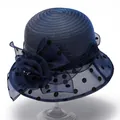 Elegant navy blue bucket hat with floral organza brim and pearl accents for sun protection - M (56-58cm) / Navy Blue