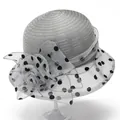Elegant silver grey sun hat for women with organza floral accent and polka dot patterns - M (56-58cm) / Gray