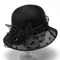 Elegant black sun hat with organza floral accent and polka dot mesh brim for women - M (56-58cm) / Black