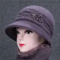 Women's winter rabbit fur knit bucket hat and neck warmer set with floral accents - Single Hat / Taro
