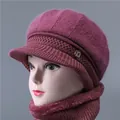 Women's warm knitted hat and scarf set in deep burgundy with plush lining and ear flaps - Single Hat / Dusty Pink