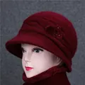 Winter wine red rabbit fur knit hat and scarf set with pearl accents for elderly women - Single Hat / Burgundy