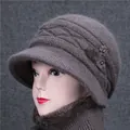 Winter knit hat and scarf set for elderly women with pearl floral decor and faux fur lining - Single Hat / Khaki