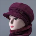 Elderly women's warm purple knitted beanie with brim and thick fleece lining set - Single Hat / Mauve