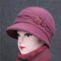 Women's warm knitted hat and scarf set with pearls and knit flowers in purple color - Single Hat / Dusty Pink