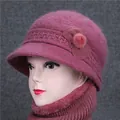 Purple knit winter hat and scarf set for elderly women with floral accent and warm lining - Dusty Pink (Hat Only)