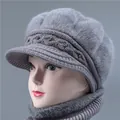 Grey winter knit newsboy hat and scarf set for elderly women with faux fur and pearls - One Size Stretchy / Hat / Gray