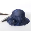 Women's foldable organza sun hat in navy blue with large floral decoration and pearl bead - M (56-58cm) / Dark Blue
