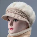 Winter knitted hat and scarf set with rabbit fur and pearls for elderly women in beige - One Size Stretchy / Hat / Beige