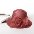 Elegant wine red organza sun hat with oversized mesh flower and pearl accents - M (56-58cm) / Orange