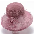 Elegante paarse organza zonnehoed met haaktextuur en bloem met parels voor dames - M / Oudroze