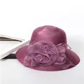 Women's deep purple organza wide brim sun hat with elegant floral pearl detail - M (56-58cm) / Purple