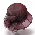 Elegant wine red organza sun hat with large floral decoration for wedding or derby events - M / Burgundy