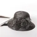 Elegant organza sun hat in striped black and grey with a large mesh flower and pearls - M (56-58cm) / Dark Gray