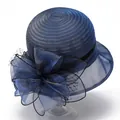 Elegant navy blue organza sun hat with large floral decoration and black mesh veil - M (56-58cm) / Navy Blue