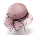 Pink organza sun hat featuring an elegant large bow and black mesh veil detail - M (56-58cm) / Dusty Pink