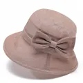 Detail of breathable mesh fabric and bow ornament on a pink sun hat for elderly women - M Size / Dusty Pink